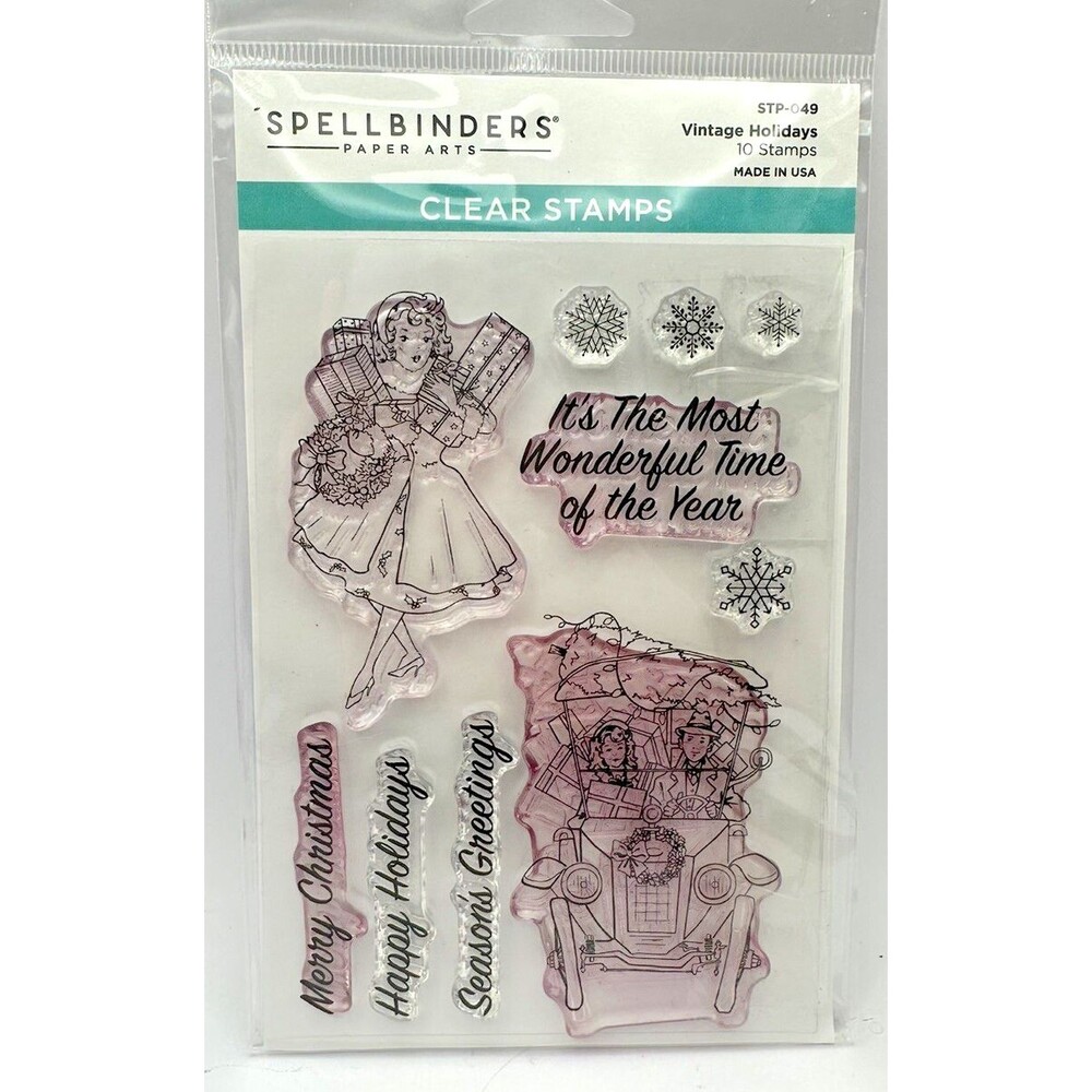 Spellbinders Vintage Holidays Clear Stamps STP-049 Christmas car snowflakes